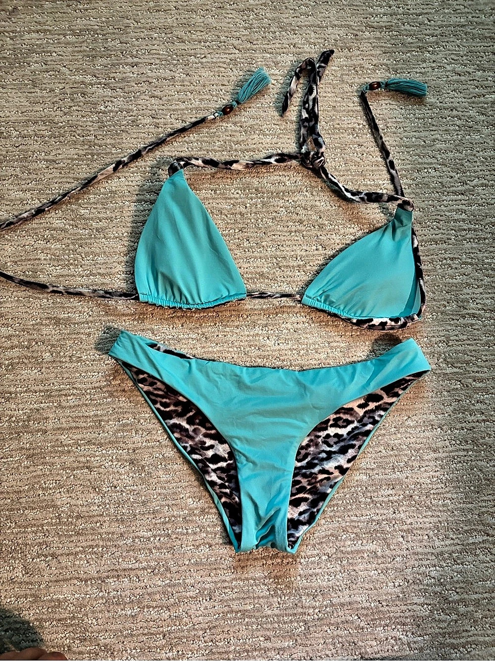 Reversible String Leopard & Turquoise Bikini Set - Picture 2 of 2